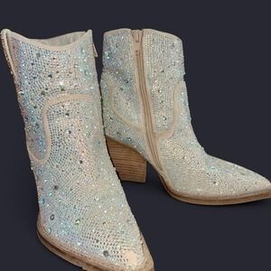 RHINESTONE SILVER WHITE ANKE COWBOY BOOTS BLING‎ SPARKLING LADIES 8.5